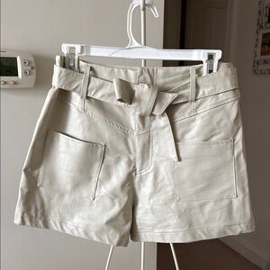 OLIVACEOUS High-Rise Cream Faux-Leather Belted Women’s Shorts
